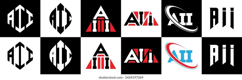 AII letter logo design in six style. AII polygon, circle, triangle, hexagon, flat and simple style with black and white color variation letter logo set in one artboard. AII minimalist and classic logo