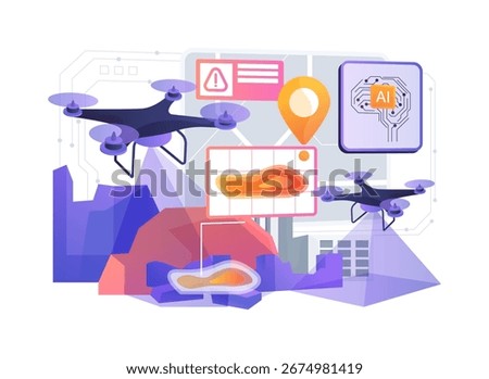 AI-Integrated Drone-Based Disaster Surveying abstract concept vector illustration. Disaster Response and Management. AI-driven drone-based disaster surveying improves insight. abstract metaphor.