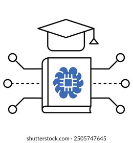 Ein in die KI integriertes Lern-Icon mit einer Abschlusskappe und einem Buch, das Fortgeschrittenenbildung, E-Learning und KI-Technologie in der Wissenschaft repräsentiert.