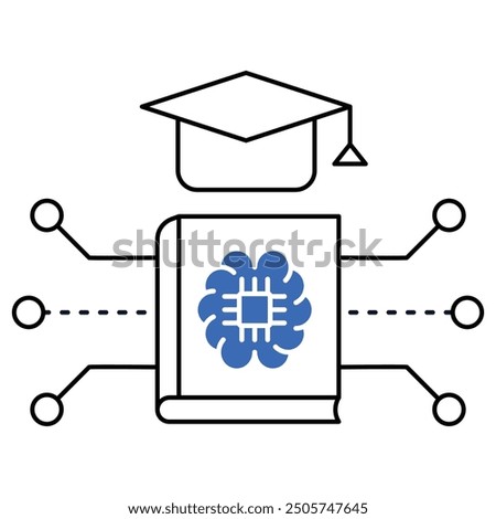 AI-integrated learning icon with a graduation cap and book, representing advanced education, e-learning, and AI technology in academics.