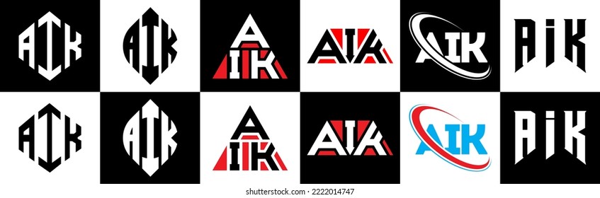 Diseño del logo de la carta de AIK en seis estilos. Polígono, círculo, triángulo, hexágono AIK, estilo plano y sencillo con el logotipo de la letra de variación en color blanco y negro en un tablero. Logo minimalista y clásico de AIK