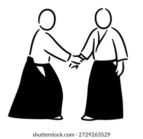 Aikido ai hanmi katate-dori (gleiche Seite Handgelenk halten) Greifangriff. Schwarz-weiß minimale Zeichnung der japanischen Kampfkunst Technik. Vektorgrafik.