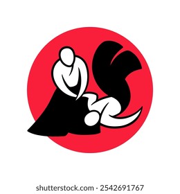 Aikido black and white minimal logo on red circle. Simple drawing of Japanese martial art. Vector illustration.