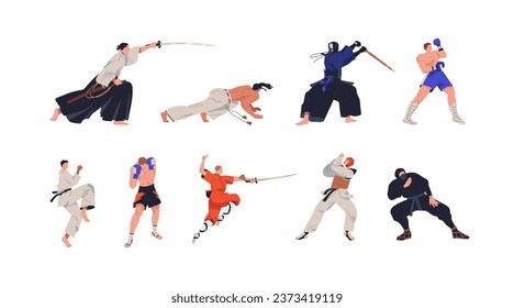 Aikido, capoeira, kendo, boxeo, karate, Muay thai y combatientes ninjutsu. Diferentes artes marciales. Luchadores en poses de lucha, posiciones. Ilustraciones vectoriales planas aisladas en fondo blanco