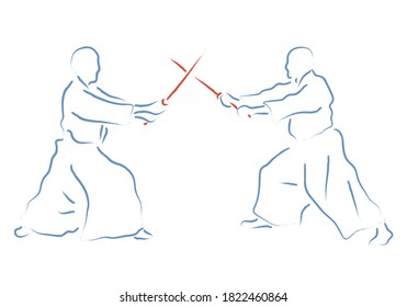 Aikido combat between athletes, stylized vector illustration
