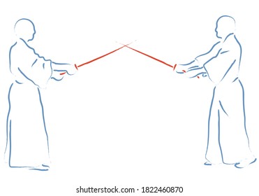 Aikido combat between athletes, stylized vector illustration