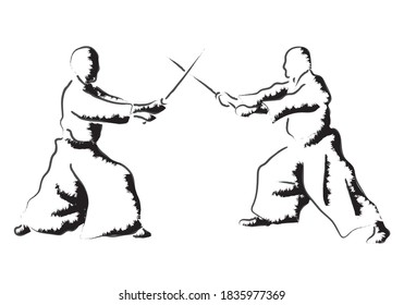 Aikido combat between athletes, stylized vector illustration