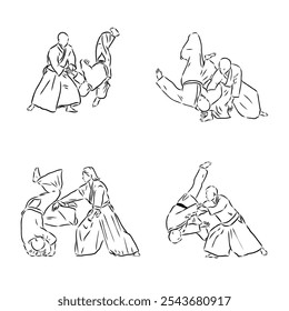 Aikido combate entre atletas, Ilustración vectorial estilizada