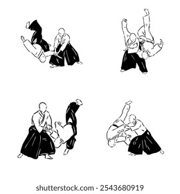 Aikido combate entre atletas, Ilustración vectorial estilizada