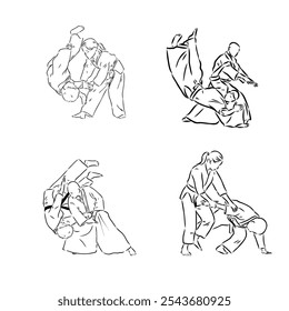 Aikido combate entre atletas, Ilustración vectorial estilizada