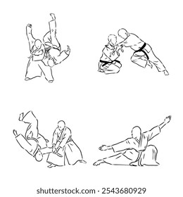 Aikido combate entre atletas, Ilustración vectorial estilizada