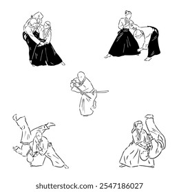 Aikido combate entre atletas, Ilustración vectorial estilizada