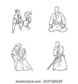 Aikido combate entre atletas, Ilustración vectorial estilizada