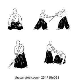 Aikido combat between athletes, stylized vector illustration