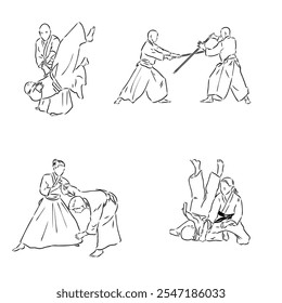 Aikido combate entre atletas, Ilustración vectorial estilizada