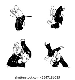 Aikido combate entre atletas, Ilustración vectorial estilizada