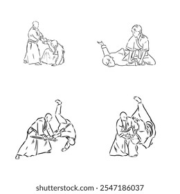 Aikido combate entre atletas, Ilustración vectorial estilizada