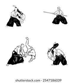 Aikido combate entre atletas, Ilustración vectorial estilizada