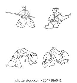 Aikido combate entre atletas, Ilustración vectorial estilizada