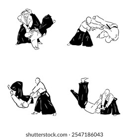 Aikido combate entre atletas, Ilustración vectorial estilizada