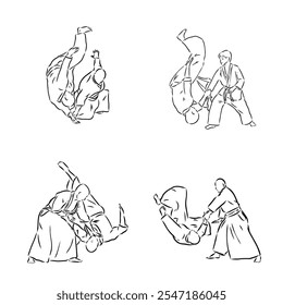 Aikido combate entre atletas, Ilustración vectorial estilizada