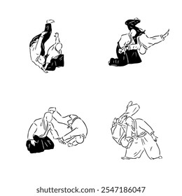 Aikido combate entre atletas, Ilustración vectorial estilizada