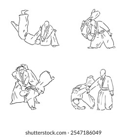 Aikido combate entre atletas, Ilustración vectorial estilizada