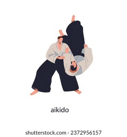Aikido fight, battle. Japanese martial art, wrestling. Two Japan athletes fighters combat. Sport competitor attacking, throwing opponent. Flat vector illustration isolated on white background