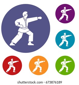 Aikido fighter icons set in flat circle reb, blue and green color for web