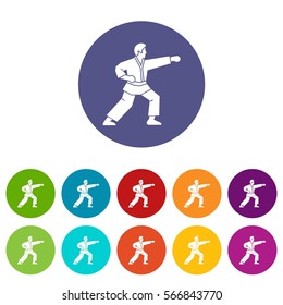 Aikido fighter set icons in different colors isolated on white background