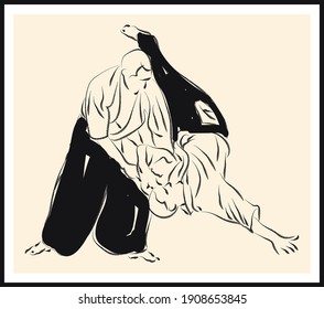 Esbozo de caza del Aikido. Afiche del vector. Cartel de la sala de estar, cartel de decoración de pared