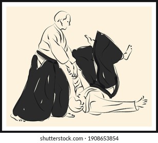 Aikido fighter sketch. Vector poster. Living room poster, wall decoration poster