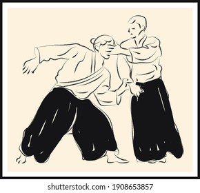 Aikido fighter sketch. Vector poster. Living room poster, wall decoration poster