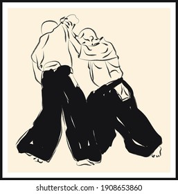 Aikido fighter sketch. Vector poster. Living room poster, wall decoration poster