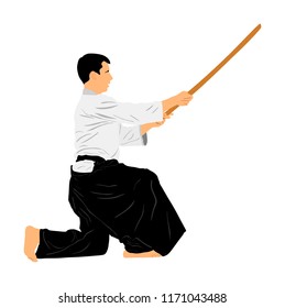 Aikido fighter vector illustration. Training action. Self defense art exercising concept. Aikido instructor demonstrate skill with katana. Traditional warriors skills from Asia. Kendo fight.