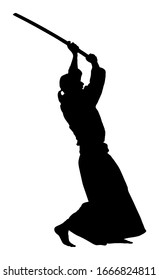 Silueta vectorial de Aikido aislada en blanco. Acción de capacitación. Concepto de ejercicio de la autodefensa. Instructor de Aikido demuestra habilidad con katana. Guerrero tradicional de Asia. Pelea en Kendo.
