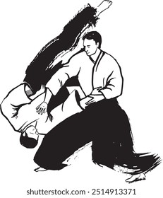 aikido handgezeichnete Tinte schwarz weiß Kampfsport