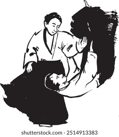 aikido handgezeichnete Tinte schwarz weiß Kampfsport