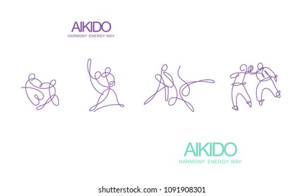 Aikido. Line art. Drawing fighters with one line. 