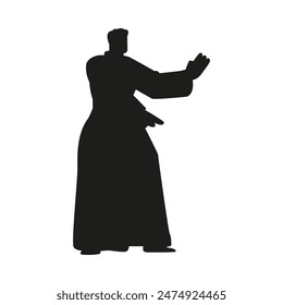 Aikido man fighter in kimono and black belt vector black silhouette. Asian martial art training practice, combat sport. Karate pose, defense skills. Traditional Japanese wrestler in action isolated