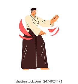 Aikido master in action. Vector image of a man demonstrating aikido techniques, dressed in traditional clothes in flat style on an isolated background.