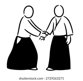 Aikido morote-dori (both hands grab one wrist) attack hold. Black and white minimal drawing of Japanese martial art technique. Vector illustration.