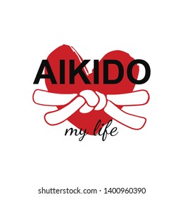 Aikido my life - vector stylized font with white belt  knot of japanese budo martial arts on white background with red ink heart stamp - hanko. Hand drawn asian sport calligraphy logo, icon, sign