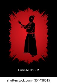 Aikido pose ready to fight designed on grunge brush background graphic vector
