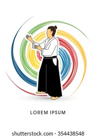 Aikido pose ready to fight designed on grunge wheel background graphic vector