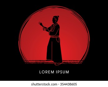 Aikido pose ready to fight designed on sunrise background graphic vector