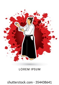 Aikido pose ready to fight designed on grunge splash blood background graphic vector