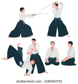 Aikido. Conjunto de combatientes del Aikido. Diseño plano. Ilustración vectorial en un fondo blanco.
