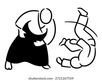 Aikido tira y rueda (ukemi) dibujo mínimo en blanco y negro. Doodle simple de arte marcial japonés. Ilustración vectorial.