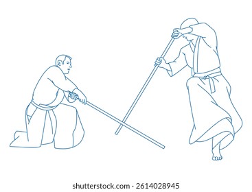 Aikido training session with practitioners and wooden weapons